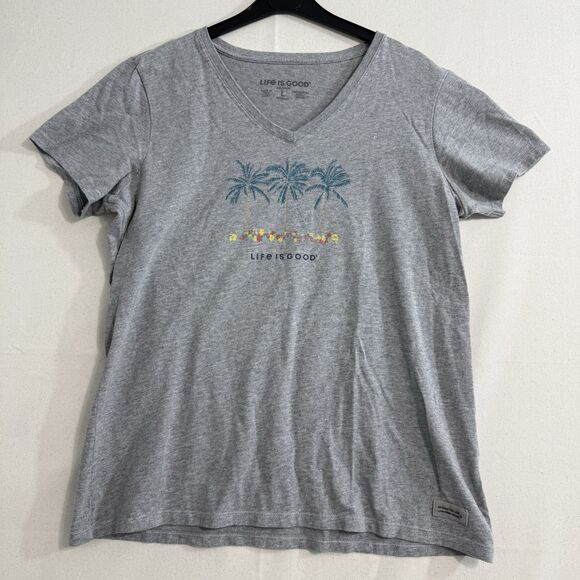 Life Is Good V-Neck T-Shirt Grey Palm Trees Women’s Size Large - Picture 1 of 6